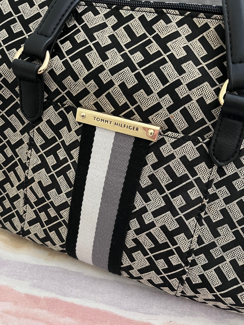 Tommy Hilfiger Black & Gray Monogram Bag with Signature Stripe